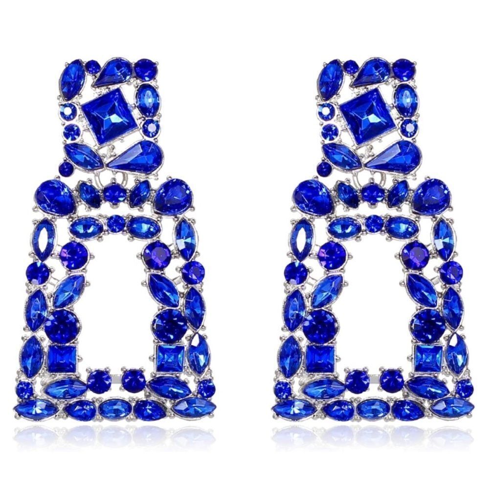 Silver with Blue Sapphire Crystal Geometric Rectangle Post Back Drop Earrings